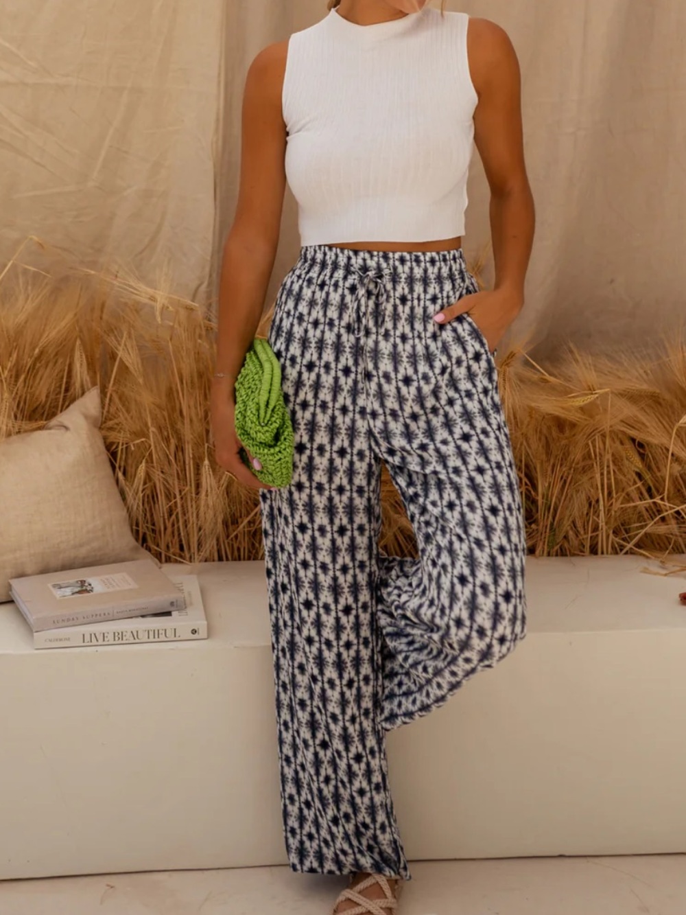 Tie Dye Simona Wide-Leg Pants - Blue & White